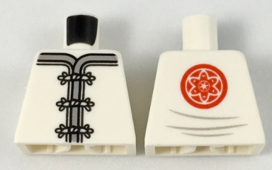 Lego Torso Ninjago Robe with Gray Trim, White Frog Clasps and Red Flower Medallion and Light Bluish Gray Lines on Back Pattern / White