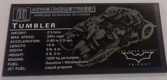 Lego Tile 8 x 16 with Bottom Tubes, Textured Surface with 'WAYNE INDUSTRIES APPLIED SCIENCES DIVISION', 'TUMBLER' and Vehicle Specifications Pattern (Sticker) - Set 76023