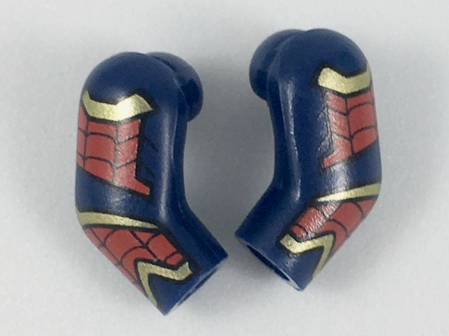 Lego Arm, (Matching Left and Right) Pair with Gold and Red Armor, Black Webs Pattern / Dark Blue