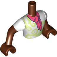 Lego Minidoll Torso Man with White Shirt, Yellowish Green Decorations, Coral Scarf, Reddish Brown Arms and Hands / Reddish Brown