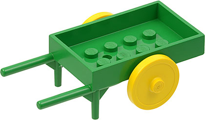 Lego Fabuland Utensil Wheelbarrow, Rectangular with Yellow Wheel Pair Large with Center Stud with Fixed Red Axle (fabad6 / fabwheel2)