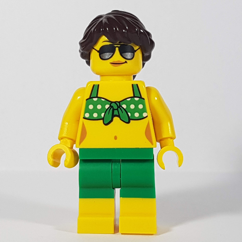 Lego Woman, Green Bikini Top with White Spots, Green Shorts, Dark Brown Hair, Sunglasses