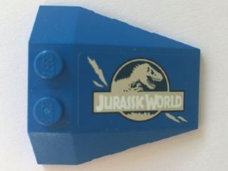 Lego Wedge 4 x 4 Triple with Stud Notches with Jurassic World Logo and Claw Scratch Marks on Blue Background Pattern Model Left Side (Sticker) - Set 75915