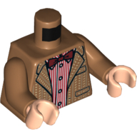 Lego Torso Tweed Suit Jacket over Red Stripe Button Down Shirt, Dark Red Bow Tie Print, Medium Nougat Arms, Light Nougat Hands