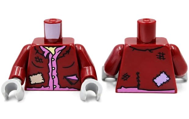 Lego Torso Tattered Jacket Open with Patches and Black Scuff Marks, Dark Pink Shirt, Bright Light Yellow Undershirt Pattern (BAM) / Dark Red Arms / Light Bluish Gray Hands
