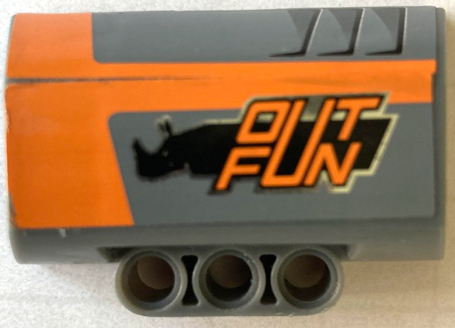 Lego Technic, Panel Engine Block Half / Side Intake with Black Rhino, Orange 'OUTFUN' and Stripes Pattern Model Left Side (Stickers) - Set 8496 / Dark Bluish Gray