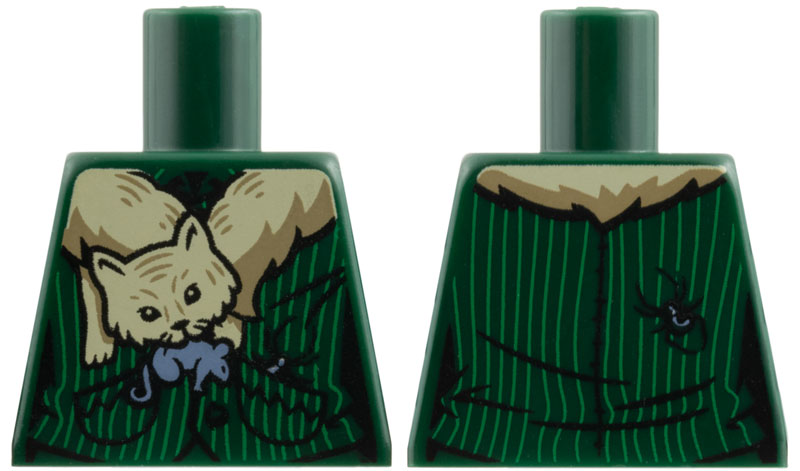 Lego Torso Harry Potter Pinstripe Jacket with Cat Holding Mouse Shawl and Spider on Back Pattern / Dark Green