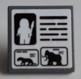 Lego Road Sign 2 x 2 Square with Open O Clip with Caveman Minifigure, Black Lines, Saber-Toothed Tiger and Woolly Mammoth Pattern (Sticker) - Set 60200 / Dark Bluish Gray