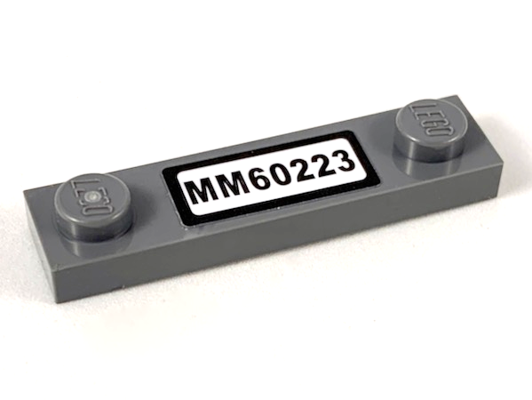 Lego Plate, Modified 1 x 4 with 2 Studs without Groove with 'MM60223' Pattern (Sticker) - Set 60223 / Dark Bluish Gray