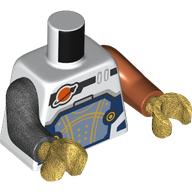 Lego Torso, Odd Arms, Space Suit, Dark Blue and Sand Blue Panel, Gold Lines, Classic Space Logo Print, Left Dark Orange Arm, Right Pearl Titanium Arm, Pearl Gold Hands / White