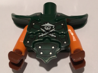 Lego Torso, Modified Short with Armor Breastplate with Shoulder Ridges, Rivets and Ninja Skull with Crossed Swords Pattern / Orange Arms / Reddish Brown Hands