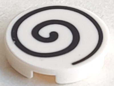 Lego Tile, Round 2 x 2 with Bottom Stud Holder with Spiral Black Pattern / White