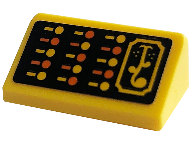 Lego Slope 30 1 x 2 x 2/3 with Yellow and Orange Buttons and Rectangles on Black Background Pattern (Sticker) - Set 76422 / Yellow