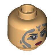 Lego Minifig Head Morgan Elsbeth, Dark Bluish Grey Tattoos, Black Eyebrows, Dark Red Lips, Stern/Angry / Warm Tan