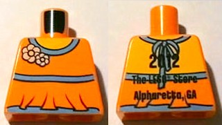 Lego Torso Halter Top with Medium Blue Trim and Flowers, Yellow Neck, '2012 The LEGO Store Alpharetta, GA' on Back Pattern / Orange