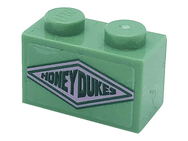 Lego Brick 1 x 2 with Dark Green 'HONEYDUKES' on Bright Pink Diamond Pattern (Sticker) - Set 76388