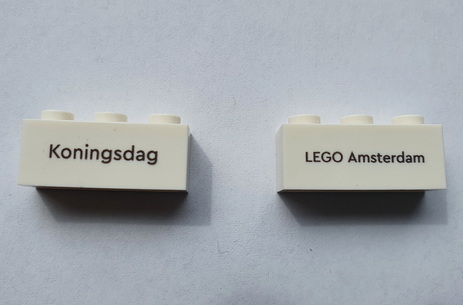 Lego Brick 1 x 3 with Black 'Koningsdag' and 'LEGO Amsterdam' Pattern on Both Sides / White