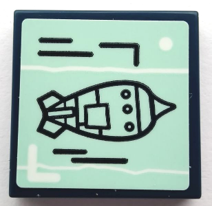 Lego Tile 2 x 2 with Rocket Ship on Light Aqua Background Pattern (Sticker) - Set 75551 / Dark Blue