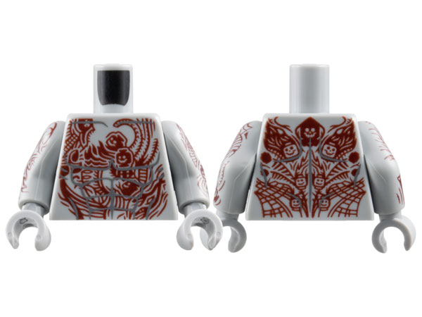 Lego Torso with Dark Bluish Gray Muscles Outline, Dark Red Tattoos with Skeleton Heads Pattern / Light Bluish Gray Arms with Dark Red Tattoo Sleeves with Skeleton Heads Pattern / Light Bluish Gray Hands