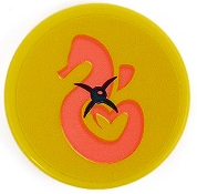 Lego Tile, Round 2 x 2 with Bottom Stud Holder with Cushion with Black Button and Coral Seahorse Pattern (Sticker) - Set 41381 / Yellow