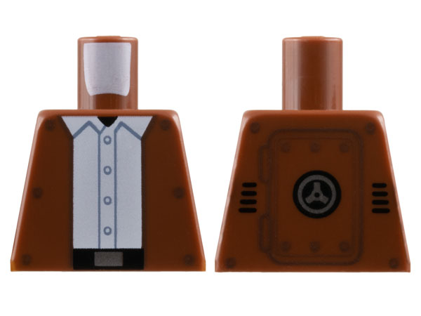 Lego Torso Jacket Open with Dark Brown Rivets over White Shirt with Buttons, Black Belt with Silver Buckle, Hinged Panel on Back Pattern / Reddish Brown