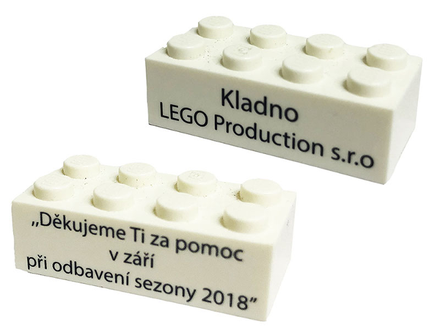 Lego Brick 2 x 4 with 'Kladno LEGO Production s.r.o.' and 'Thank you for your help in September 2018' (Translated Czech) Pattern on Opposite Sides / White