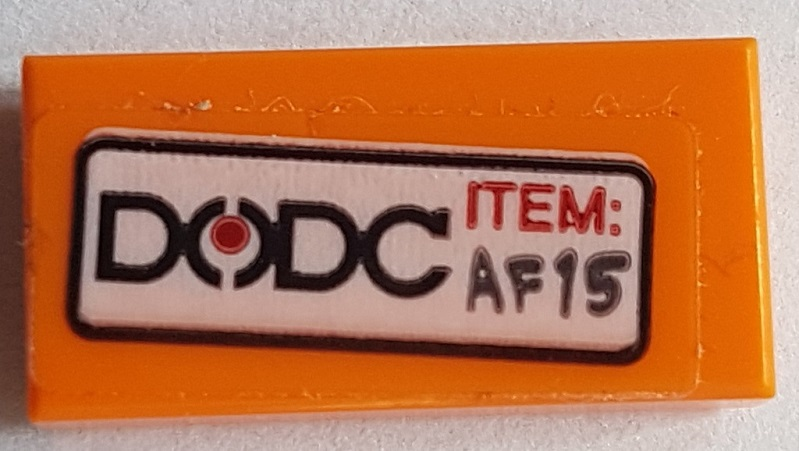 Lego Tile 1 x 2 with 'DODC' and 'ITEM: AF15' Pattern (Sticker) - Set 76082