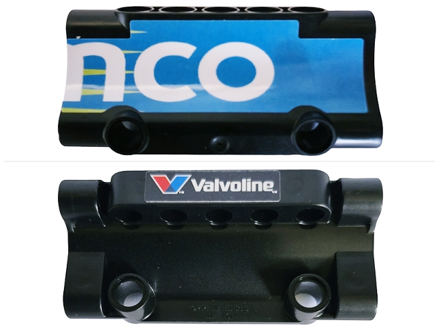 Lego Technic, Panel Inverted 7 x 3 with 2 Pin Holes through Panel Surface with White 'nco' (aramco) on Dark Azure Background on Outside and 'Valvoline' on Inside Pattern Model Left Side (Stickers) - Set 42240 / Black