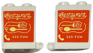 Lego Container, Box 2 x 2 x 2 with Bright Light Yellow 'Restaurant', Fork, Spoon, Noodles, and '555-YUM' on Reddish Orange Background Pattern on Both Sides (Stickers) - Set 42655