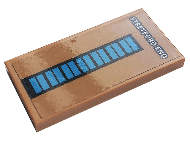 Lego Tile 2 x 4 with White 'STRETFORD END' and Blue Rectangles Pattern (Sticker) - Set 10272
