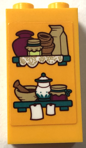 Lego Brick 1 x 2 x 3 with Pots, Jars, Bowls, Mortar and Pestle and Notes on Dark Turquoise Shelves Pattern (Sticker) - Set 43202 / Bright Light Orange