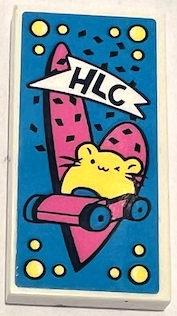 Lego Tile 2 x 4 with 'HLC', Bright Light Yellow Hamster Driving Car and Dark Pink Heart on Dark Azure Background Pattern (Sticker) - Set 41383