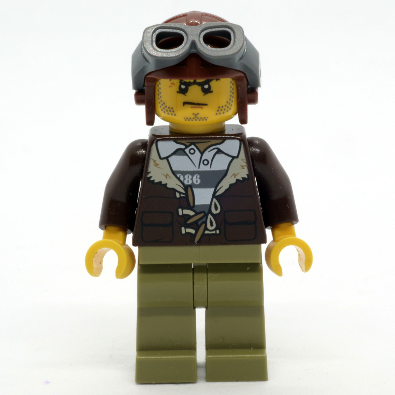 Lego Criminal, Open Dark Brown Jacket over Prison Shirt, Reddish Brown Hat with Goggles