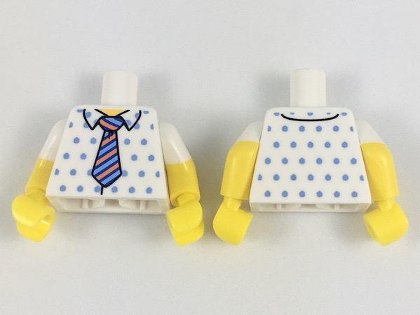Lego Torso Shirt with Medium Blue Dots, Orange, Dark Blue and Bright Light Blue Striped Tie Pattern / Yellow Arms with Molded White Short Sleeves Pattern / Yellow Hands