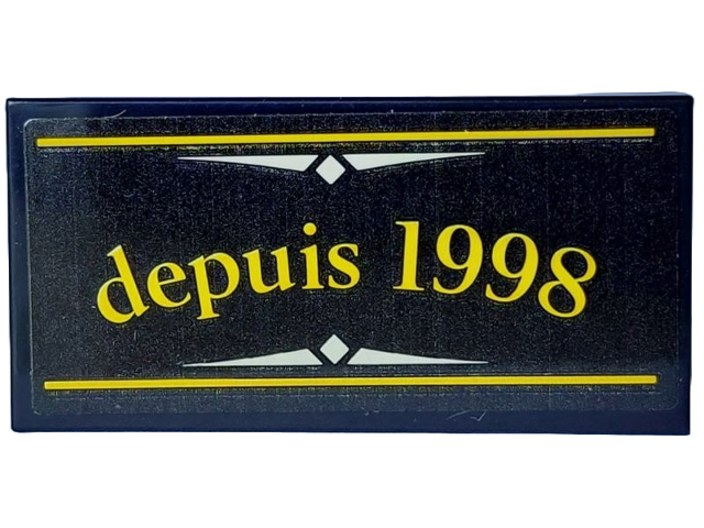 Lego Tile 2 x 4 with Yellow 'depuis 1998' and White Ornaments Pattern (Sticker) - Set 910032 / Black