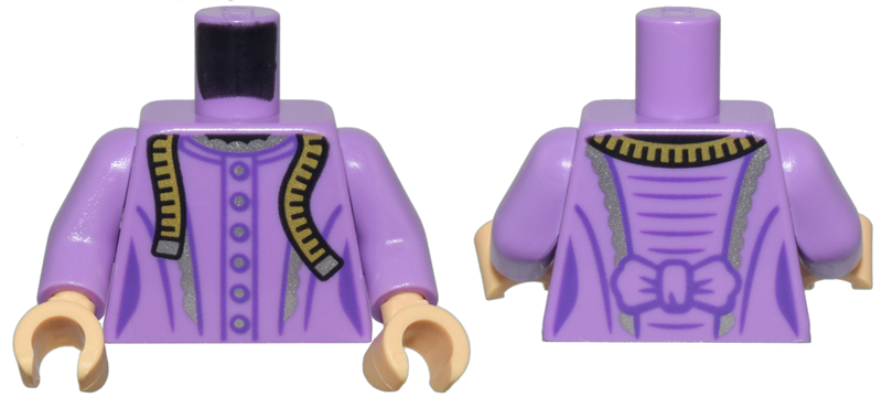 Lego Torso Female Dress with Bow, Silver Trim and Buttons, and Yellow Cloth Tape Measure Pattern / Medium Lavender Arms / Medium Tan Hands