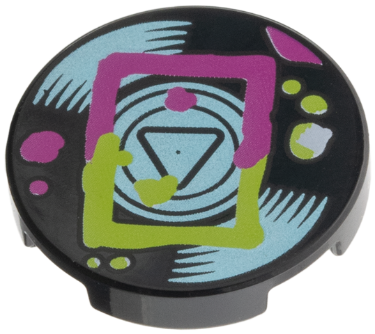 Lego Tile, Round 2 x 2 with Bottom Stud Holder with Vinyl Record with Metallic Light Blue Label and Highlights, Magenta and Lime Square and Splotches Pattern