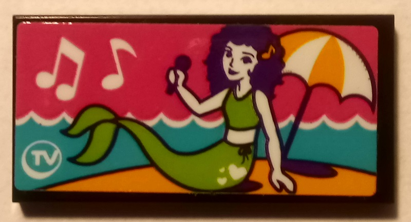 Lego Tile 2 x 4 with Mermaid on Beach, Music Notes, Umbrella, and 'TV' Pattern (Sticker) - Set 41313
