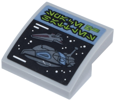 Lego Slope, Curved 2 x 2 x 2/3 with Dark Bluish Gray SW Spaceships on Screen and Lime Aurebesh Characters 'SPACE BATTLES' Pattern (Sticker) - Set 75314
