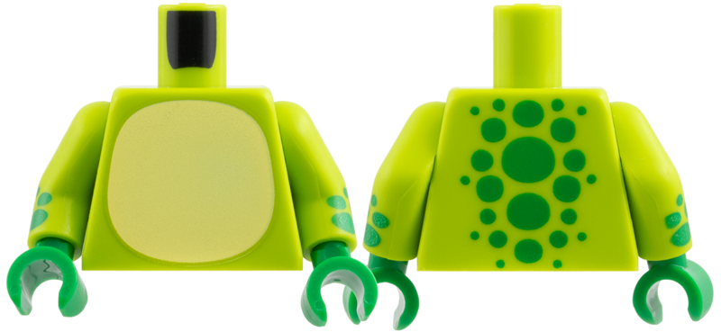 Lego Torso Bright Light Yellow Belly, Green Spots on Back Pattern / Lime Arms with Green Spots Pattern / Green Hands