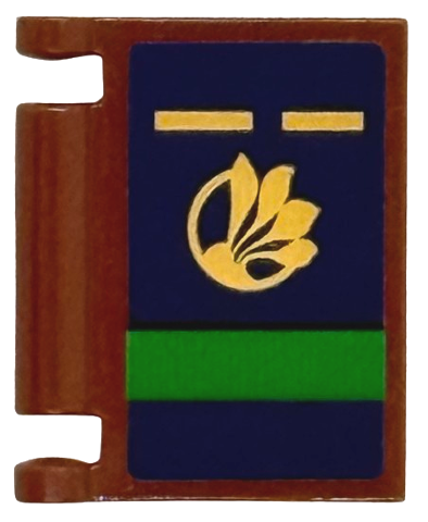Lego Minifigure, Utensil Book Cover with Gold Lines and Flower, Leaves in Circle, Green Rectangle Panel on Dark Blue Background Pattern (Sticker) - Set 75683 / Reddish Brown