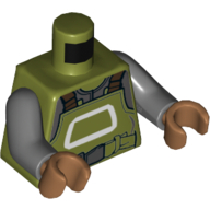 Lego Torso Overalls, Work Belt and White Trapezoid Shape Print, Dark Bluish Gray Arms, Medium Nougat Hands / Olive Green