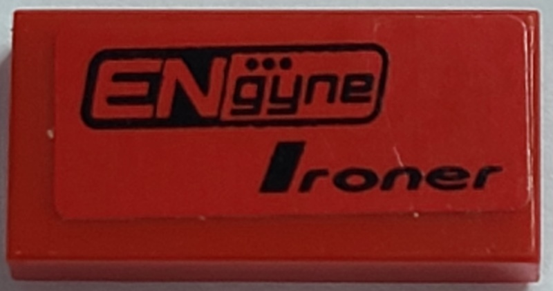 Lego Tile 1 x 2 with 'ENgyne' and 'Ironer' Pattern Model Left Side (Sticker) - Set 8182 / Red