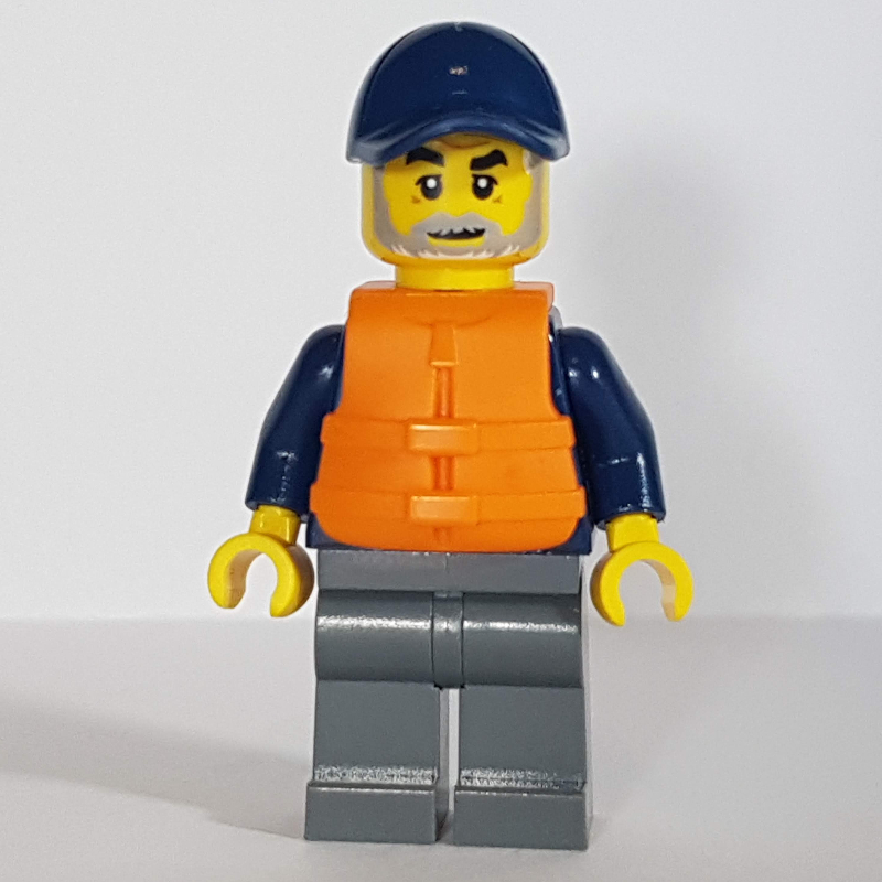 Lego Marine Explorer, Dark Blue Shirt, Dark Bluish Gray Legs, Dark Blue Cap, Orange Life Vest