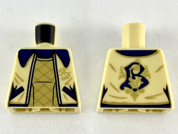Lego Torso Female Jacket with Dark Blue Collar, Gold 'FD' and Shirt Diagonal Stripes Pattern / Tan