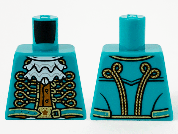 Lego Torso Jacket with Gold Filigree Piping, White Ruffle and Dark Orange Vest Pattern / Dark Turquoise