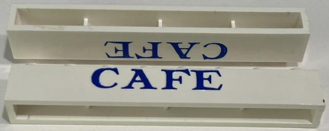 Lego Brick 1 x 8 without Bottom Tubes with Cross Side Supports with Blue 'CAFE' Serif Pattern