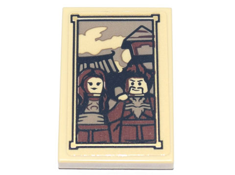 Lego Tile 2 x 3 with Framed Picture of 2 Minifigures (Ray and Maya) with Buildings in Background Pattern (Sticker) - Set 71741 / Tan