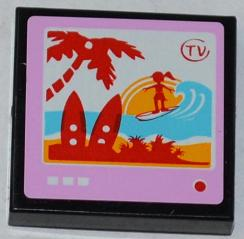 Lego Tile 2 x 2 with 'TV' and Surfer and Palm Tree on Screen Pattern (Sticker) - Set 3184 / Black