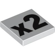 Lego Tile 2 x 2 with Black 'x2' Print / White